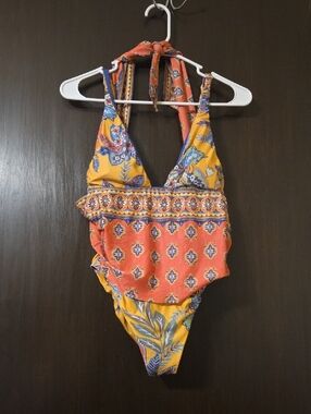 Becca Boho Floral Halter One-Piece Swimsuit pink/yellow Small